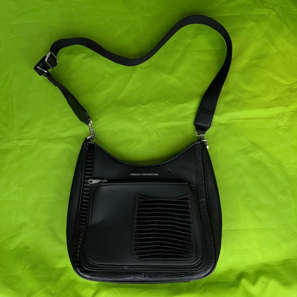 French Connection Black Pebbled Faux Leather Croc Trim Crossbody Hobo Bag